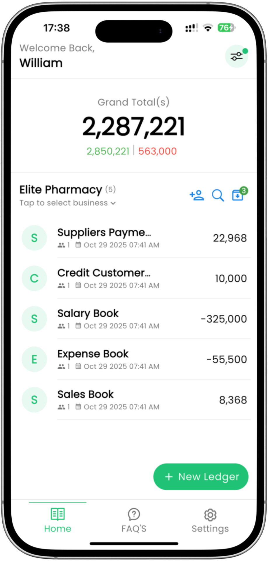 Invoder Invoices app showing multiple book management with transactions and balance overview