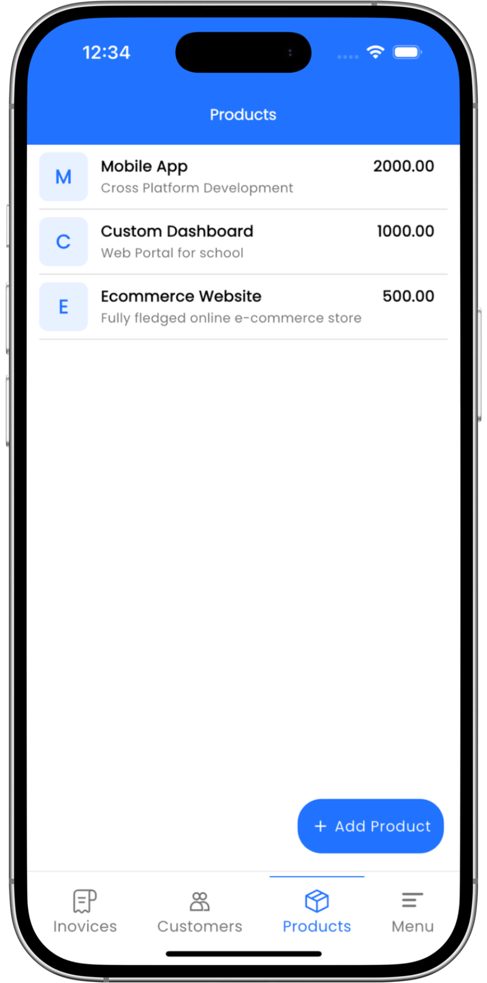 Quick Invoices Invoices app showing products management with invoices